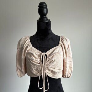 Wild Fable Beige Puff Sleeve Tie Front Crop Top - Size Large